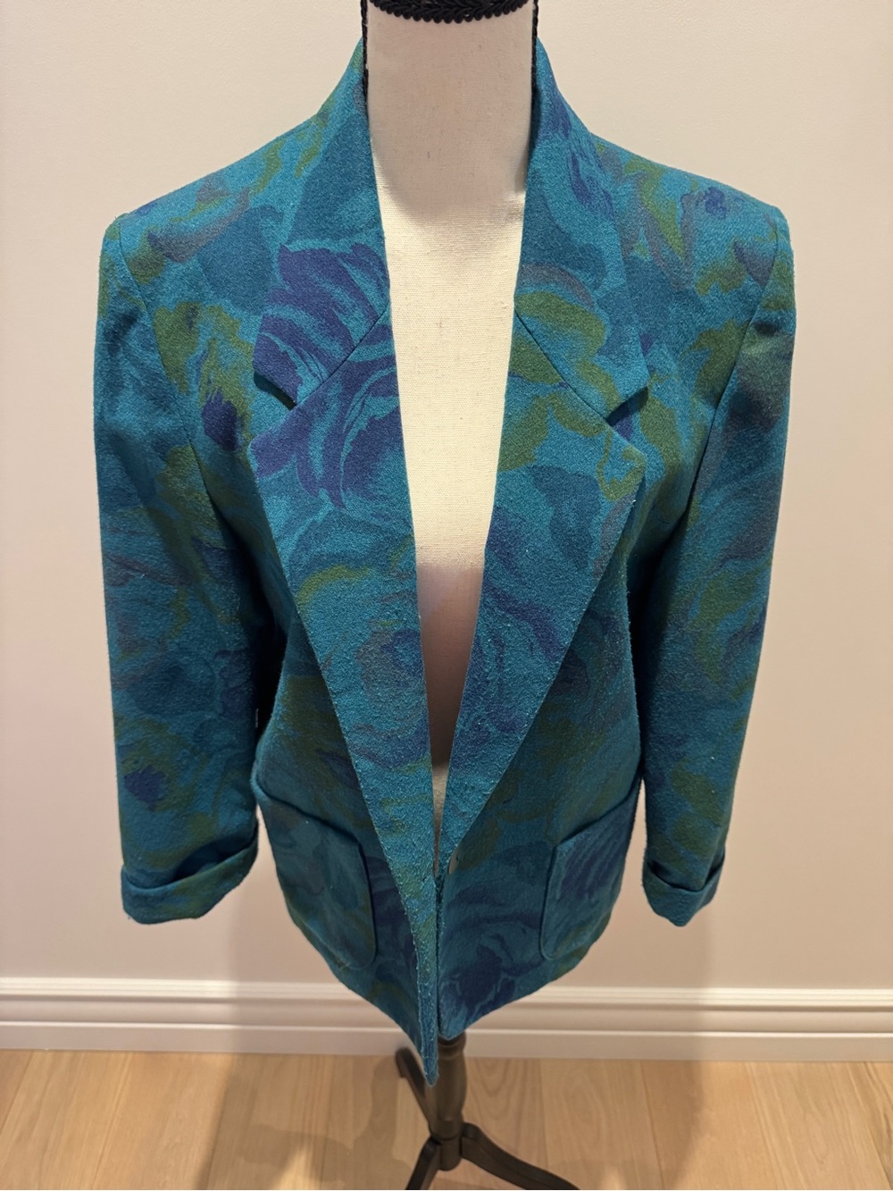 Teal Floral Jacquard Women's Blazer Vintage